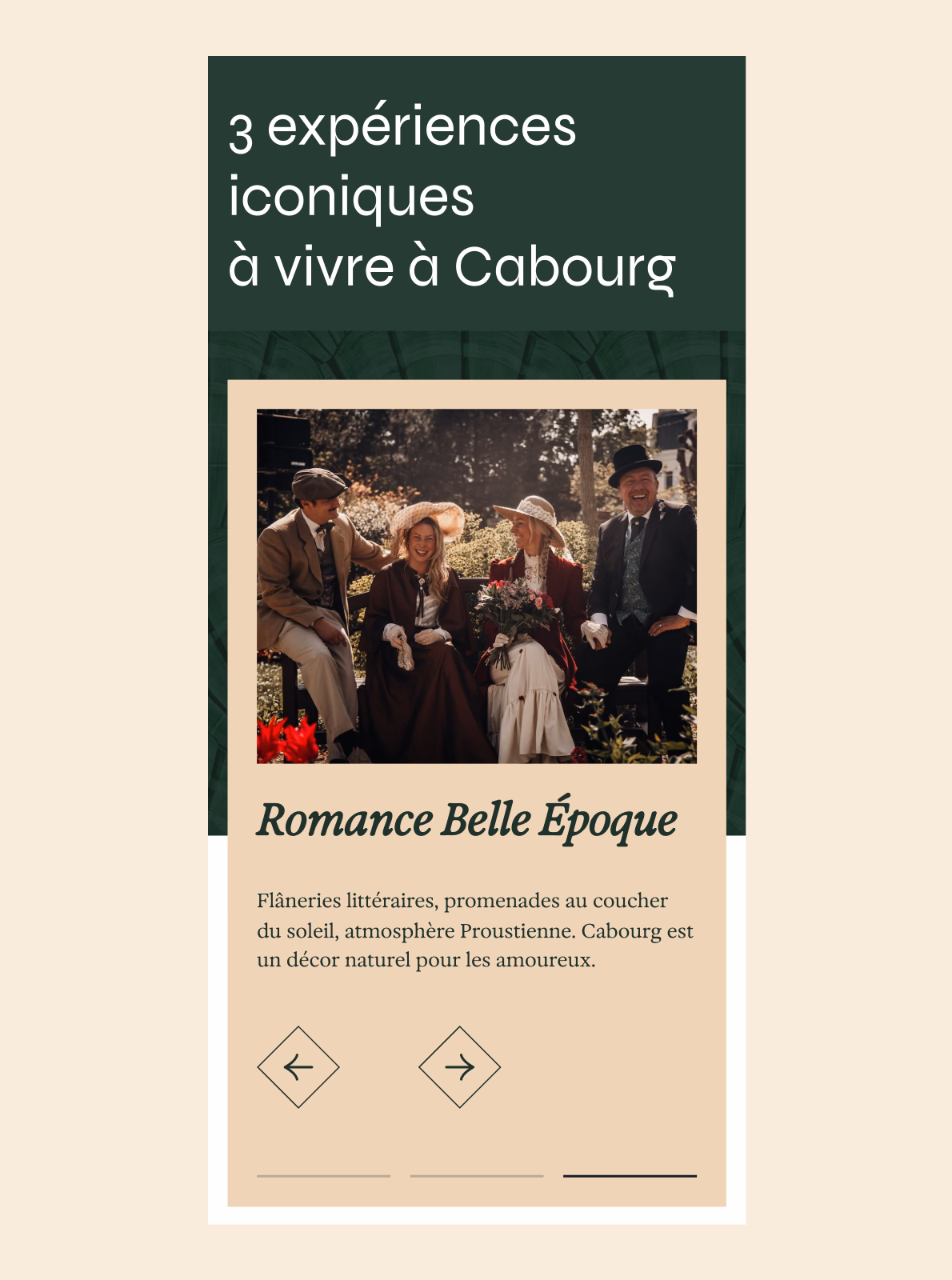 Section « 3 expériences iconiques à vivre à Cabourg » du site en version mobile : Romance Belle Époque