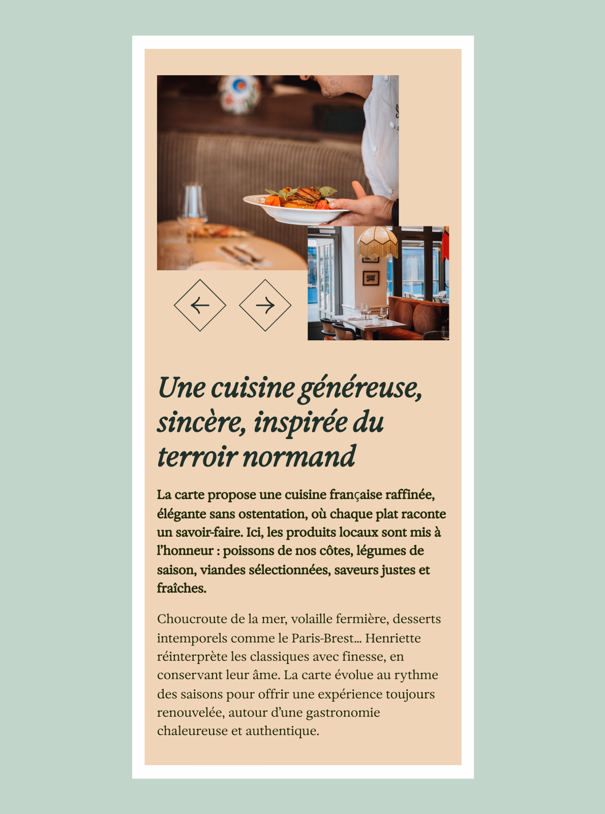 Section du site de la Villa Henriette sur la cuisine inspirée du terroir normand, en version mobile