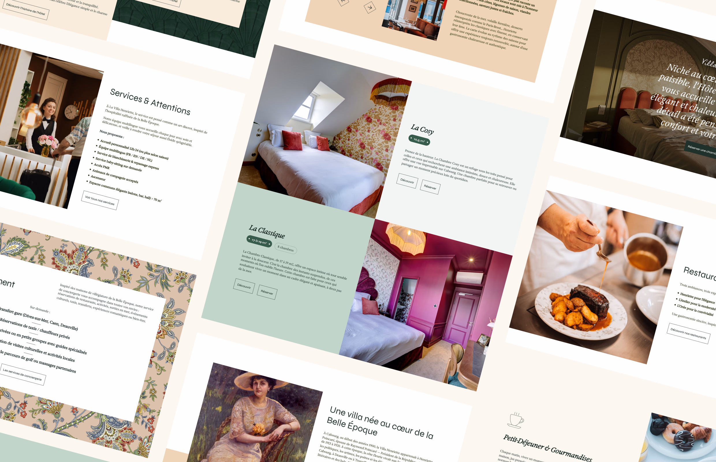 Vue d'ensemble de pages du site de la Villa Henriette : chambres, services et attentions, petit-déjeuner