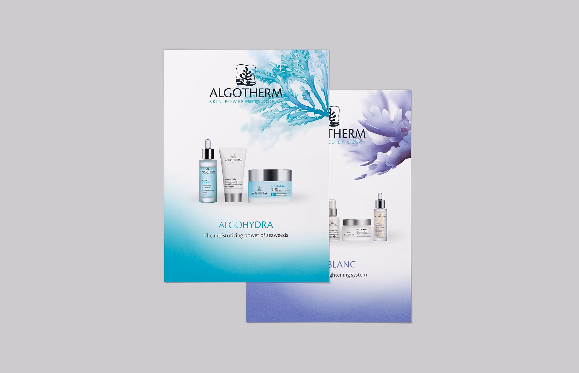 Visuels de présentation produit Algotherm : gammes Algohydra et Algoblanc