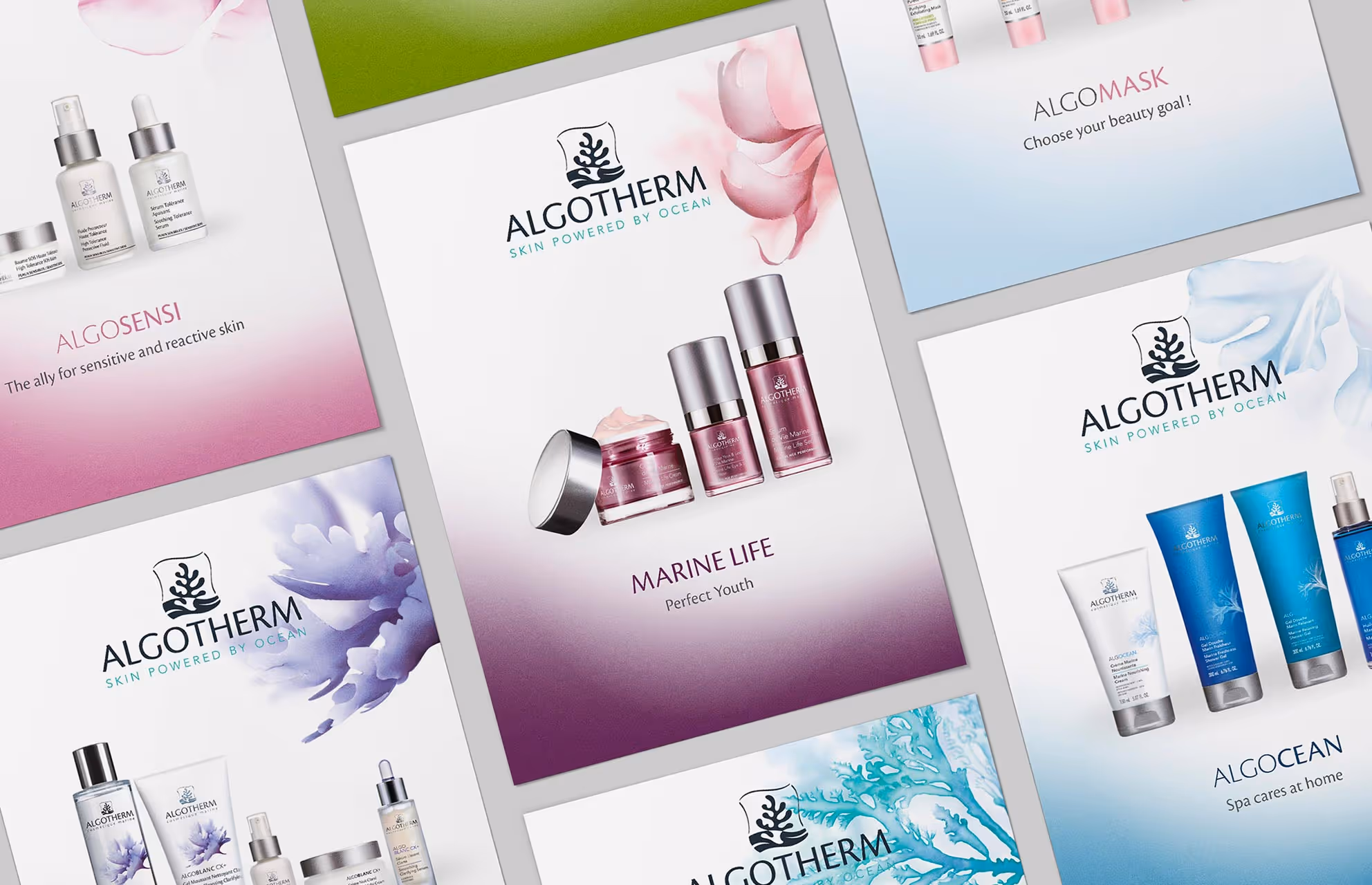 Planche de visuels produits Algotherm : Algosensi, Marine Life, Algomask et Algocean