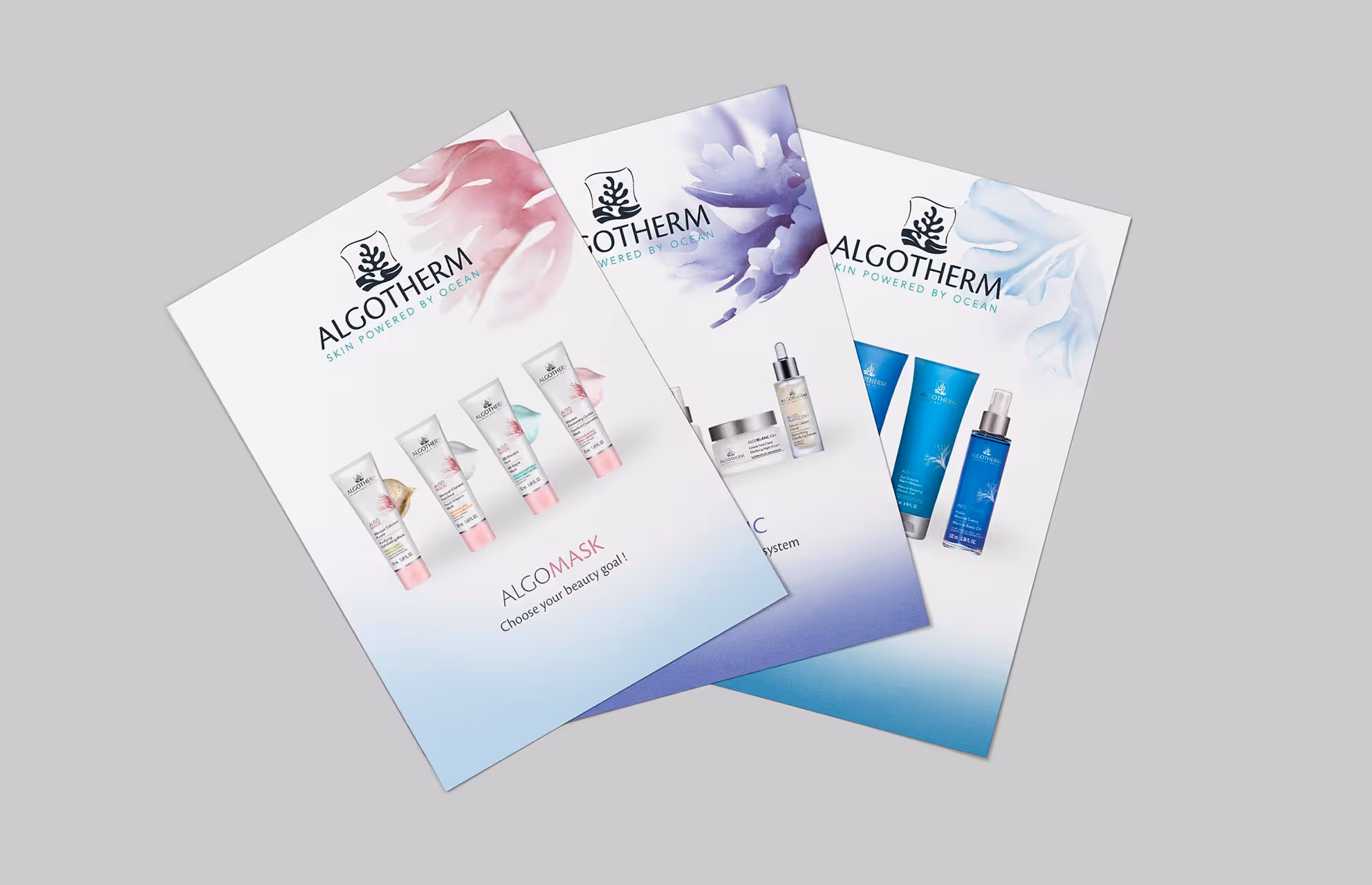 Visuels produits Algotherm de la gamme Algomask, disposés en éventail