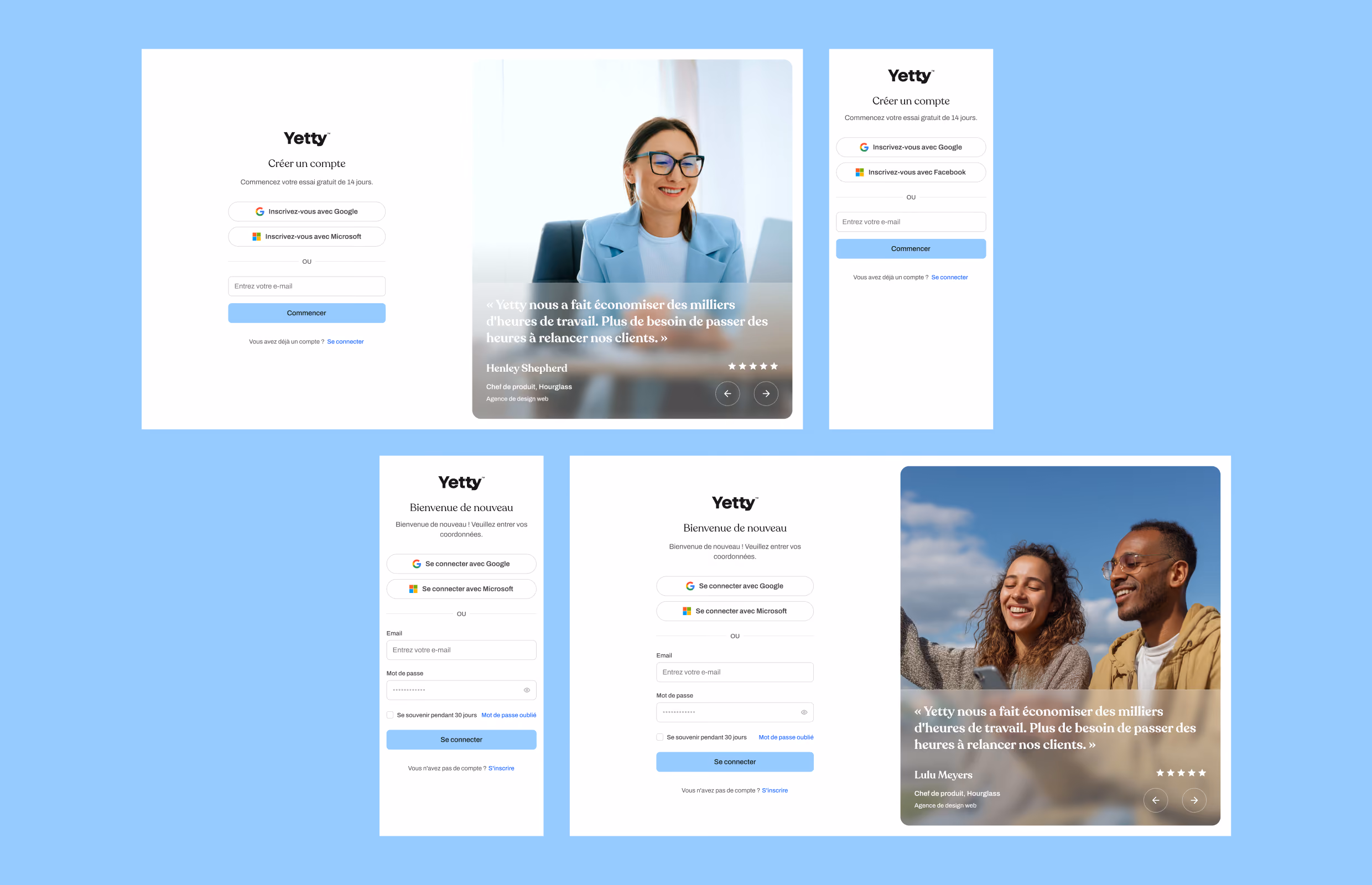 Écrans de création de compte et de bienvenue de Yetty, en desktop et mobile