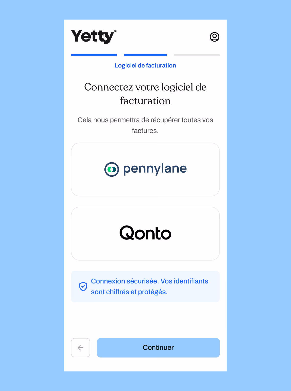 Écran mobile de Yetty : connexion du logiciel de facturation, avec Pennylane et Qonto