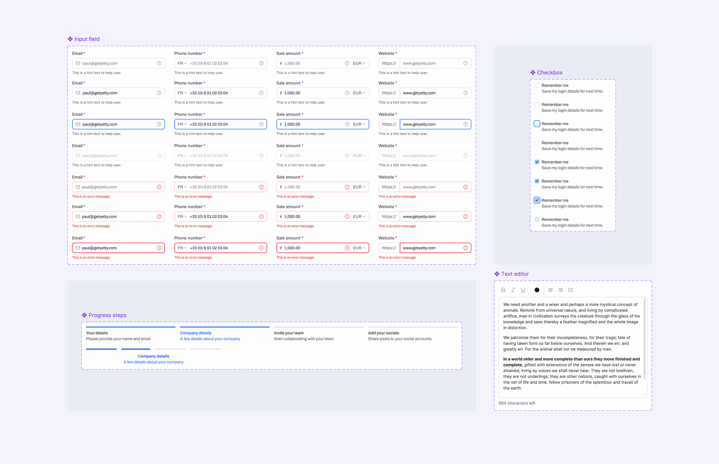 Formulaires du design system de Yetty : champs, cases à cocher et éditeur de texte