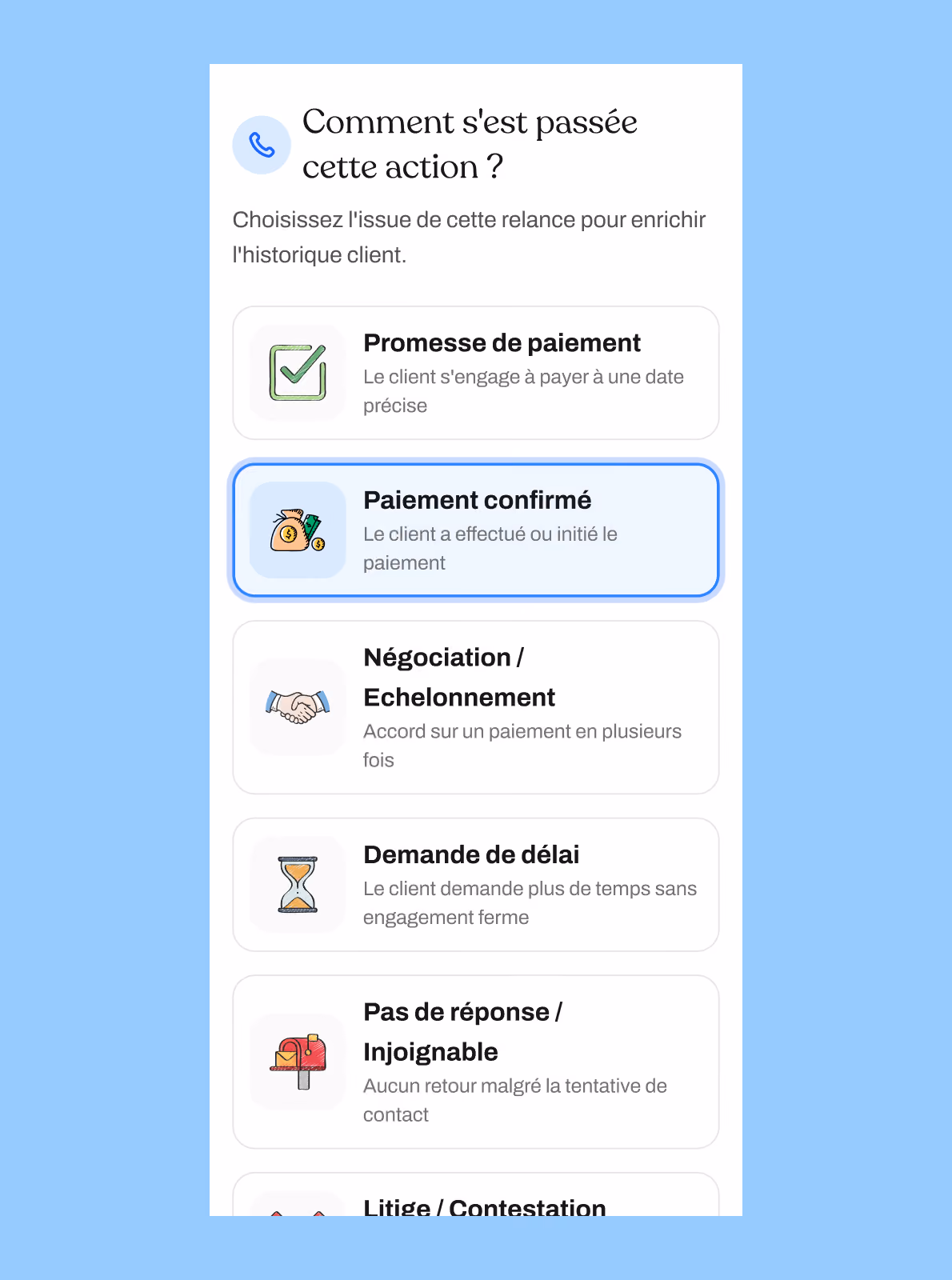 Écran mobile de Yetty : « Comment s'est passée cette action ? » avec les issues de relance