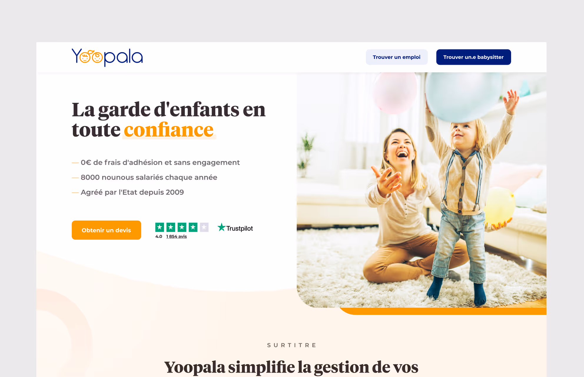 Page d'accueil desktop de Yoopala : « La garde d'enfants en toute confiance »