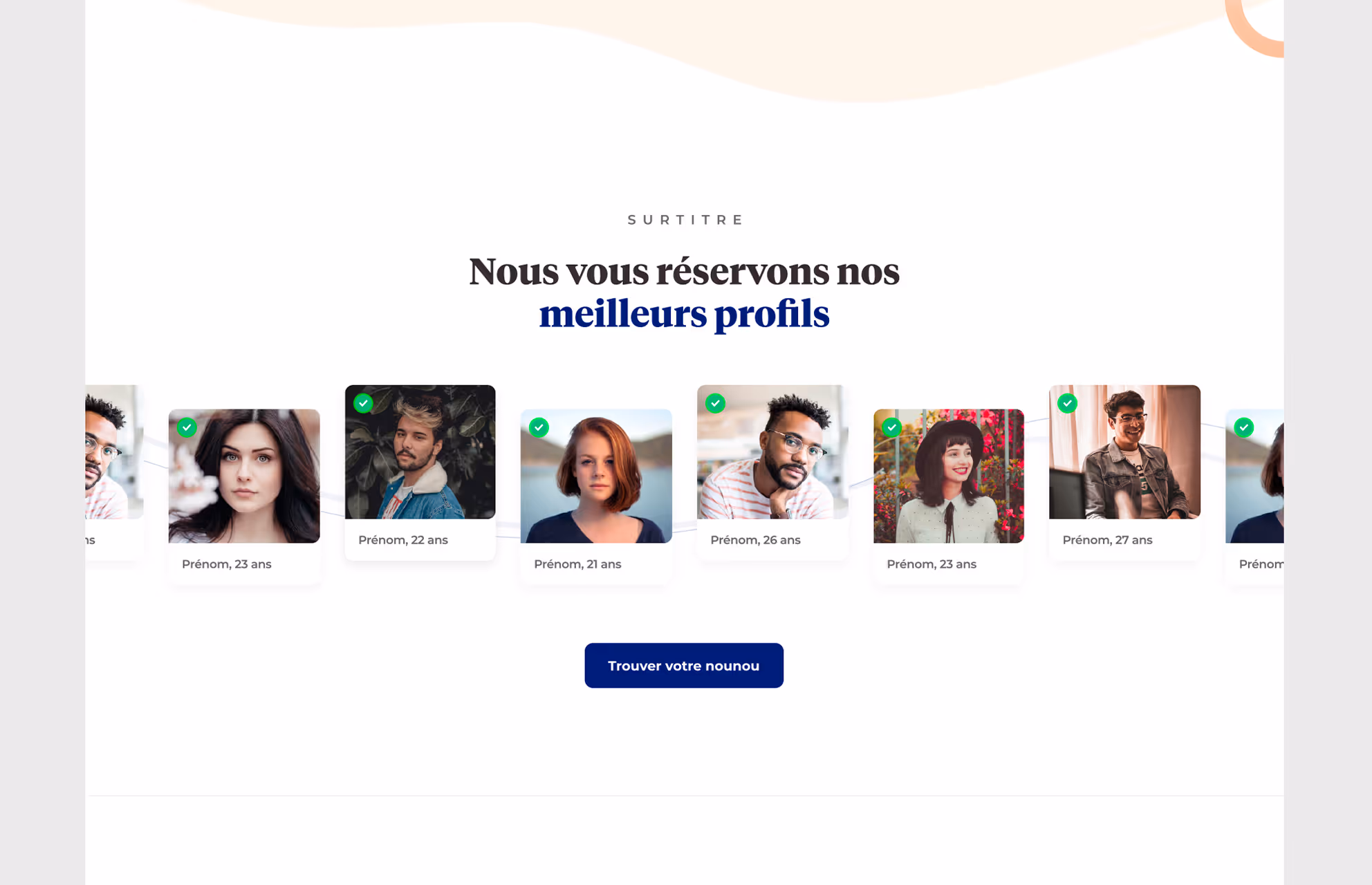 Section « Nous vous réservons nos meilleurs profils » avec des portraits de nounous, en desktop