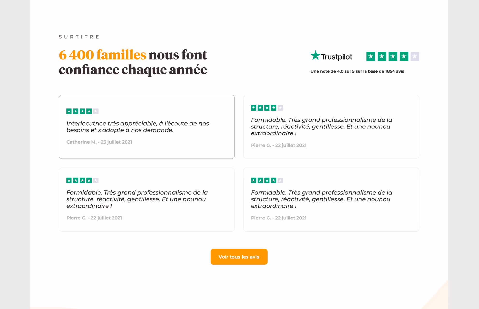 Avis clients Trustpilot de Yoopala : « 6 400 familles nous font confiance chaque année », en desktop