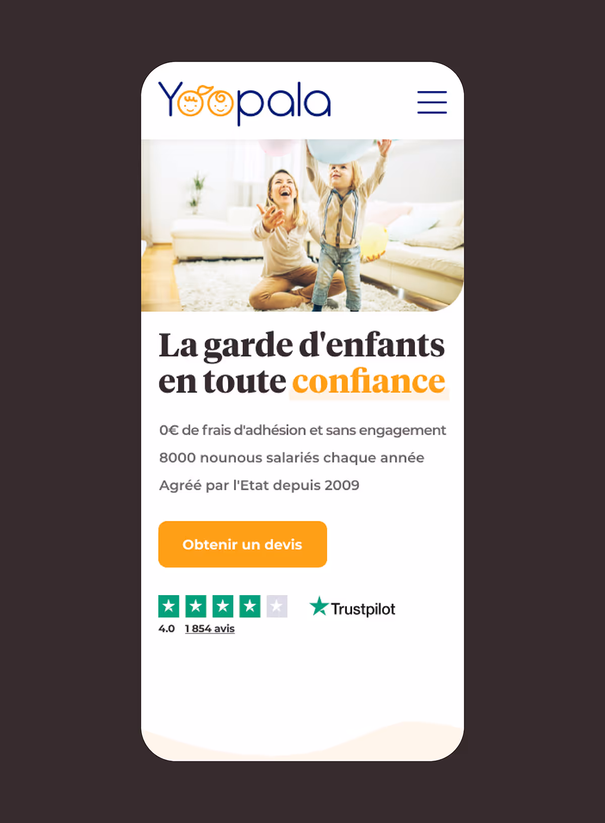Page d'accueil mobile de Yoopala : « La garde d'enfants en toute confiance »
