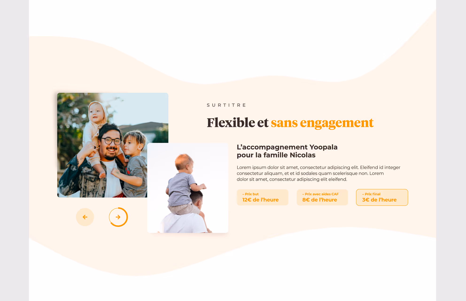 Section « Flexible et sans engagement » de Yoopala avec des photos de familles, en desktop
