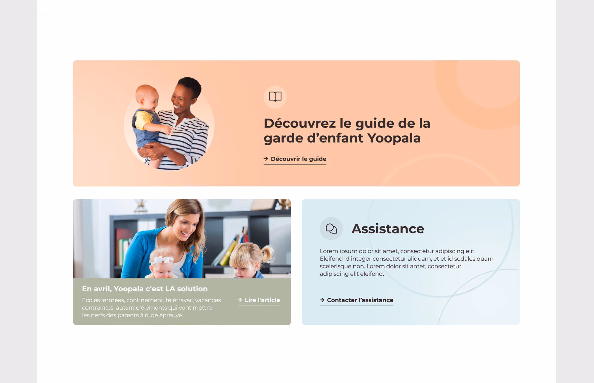 Blocs « Découvrez le guide de la garde d'enfant Yoopala » et « Assistance » en version desktop