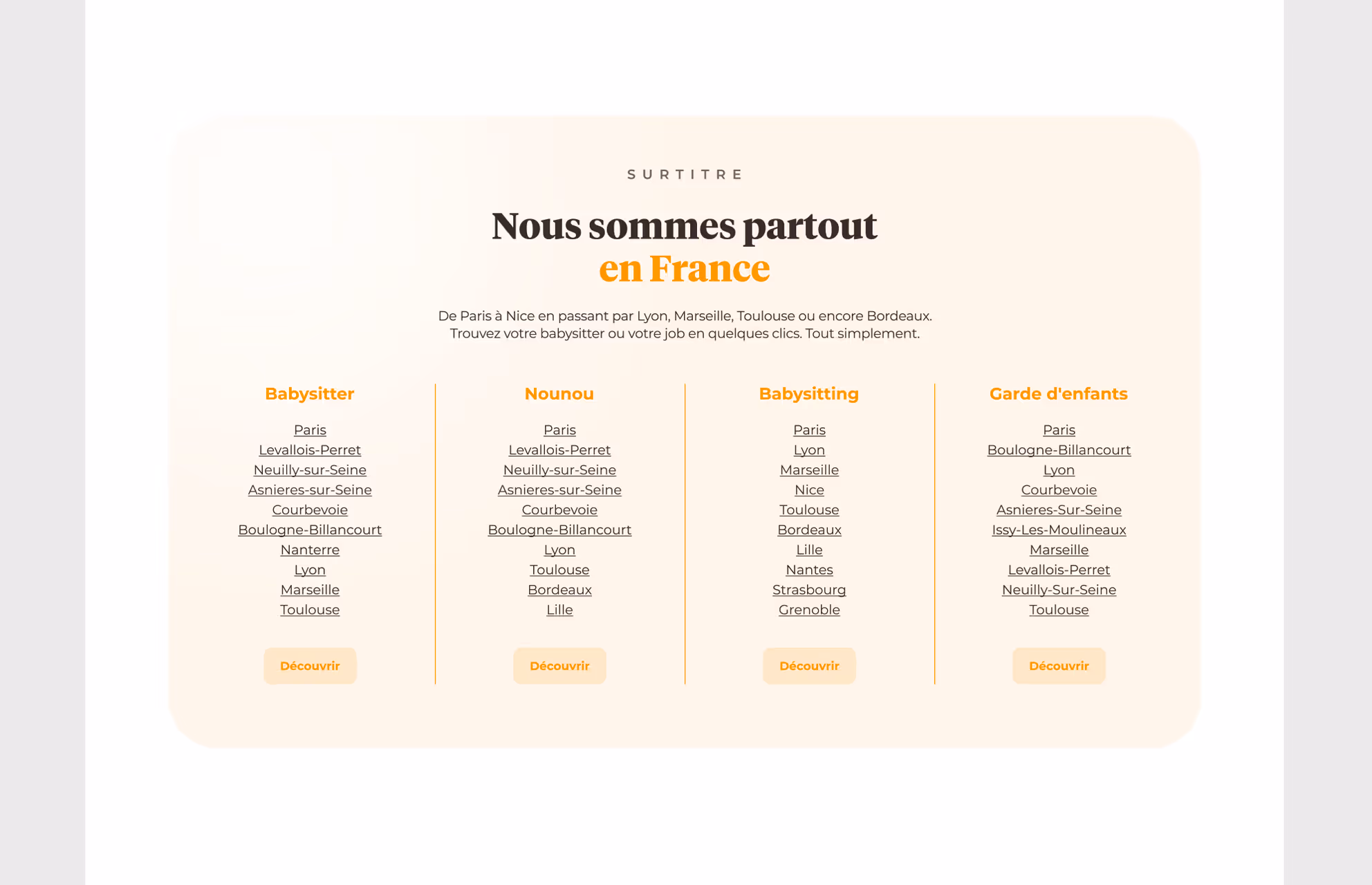 Section « Nous sommes partout en France » listant les villes de Yoopala, en desktop